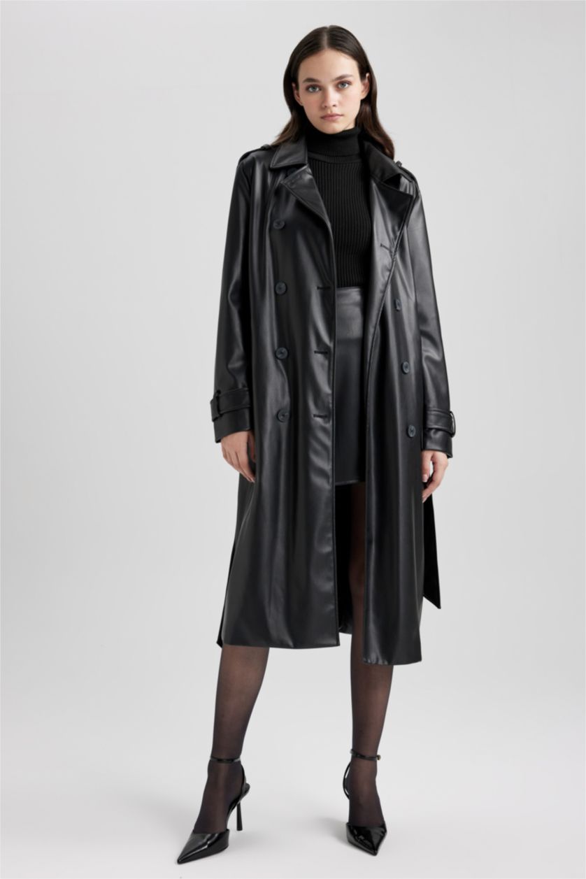 Kadın Siyah Su Geçirmez Regular Fıt Suni Deri Trençkot