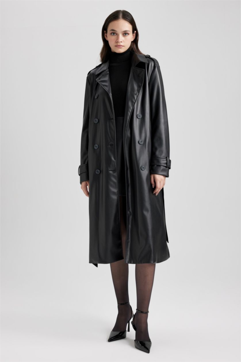 Kadın Siyah Su Geçirmez Regular Fıt Suni Deri Trençkot