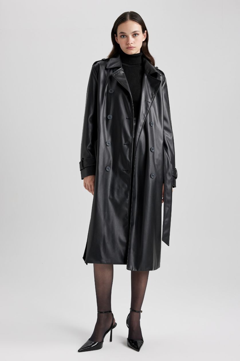 Kadın Siyah Su Geçirmez Regular Fıt Suni Deri Trençkot