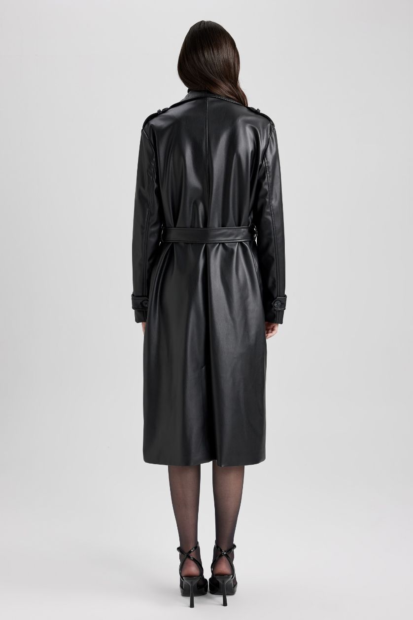 Kadın Siyah Su Geçirmez Regular Fıt Suni Deri Trençkot