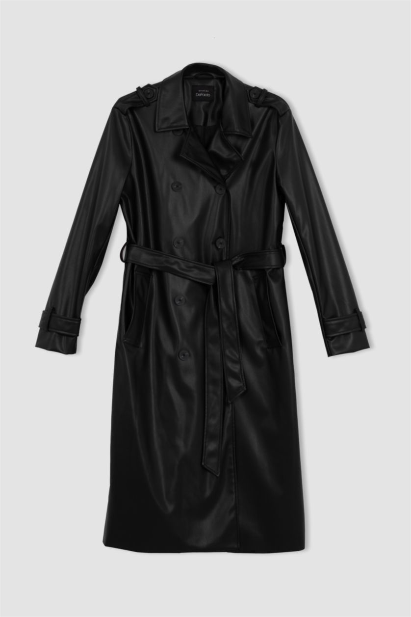 Kadın Siyah Su Geçirmez Regular Fıt Suni Deri Trençkot