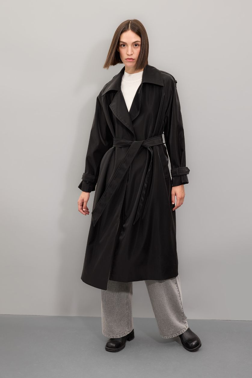 WOMAN Black Regular Fit Faux Leather Trench Coat