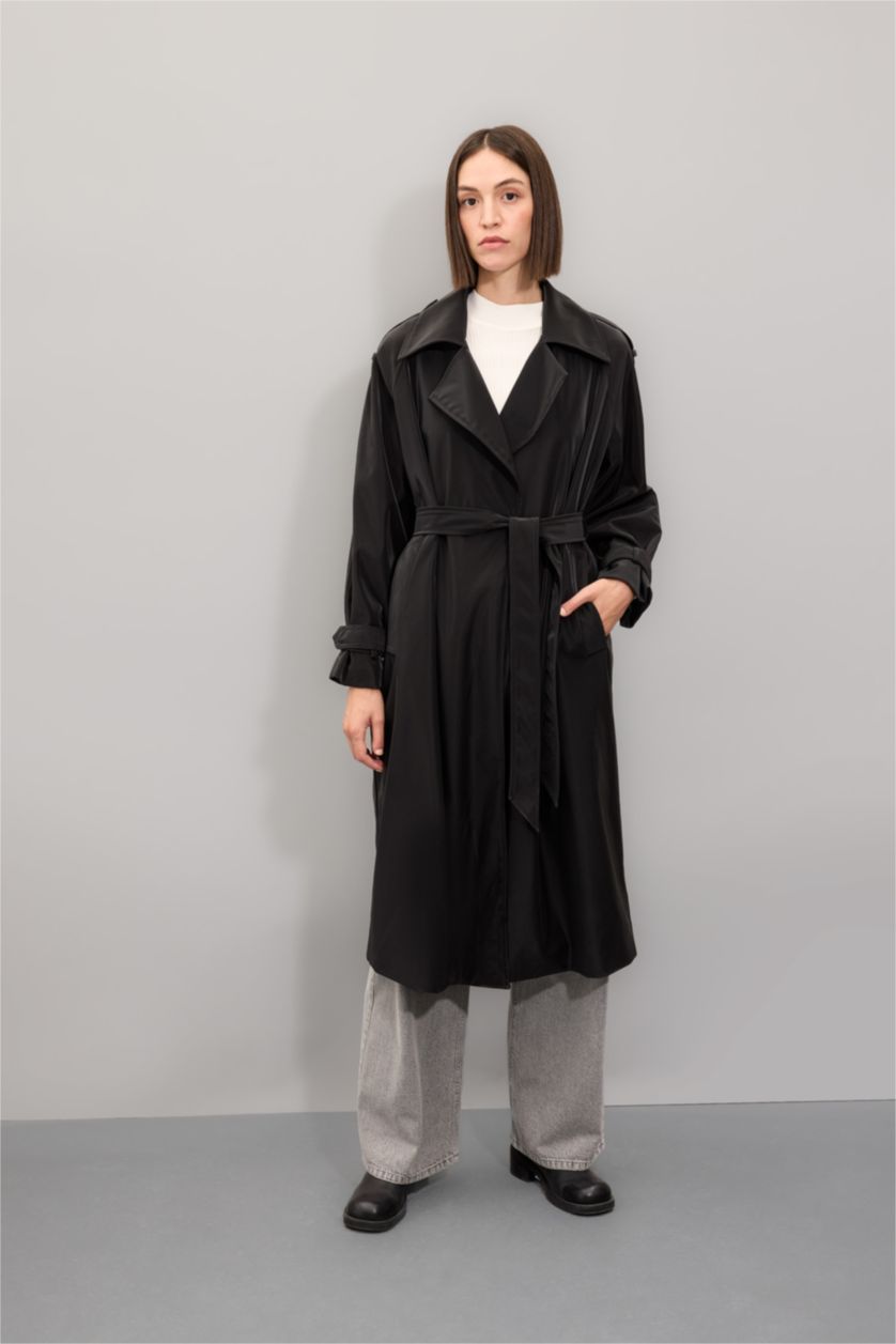 WOMAN Black Regular Fit Faux Leather Trench Coat