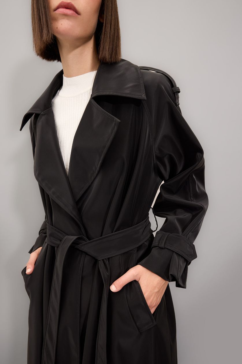 WOMAN Black Regular Fit Faux Leather Trench Coat