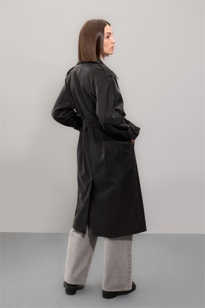 WOMAN Black Regular Fit Faux Leather Trench Coat
