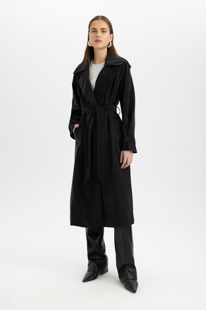 WOMAN Black Regular Fit Faux Leather Trench Coat
