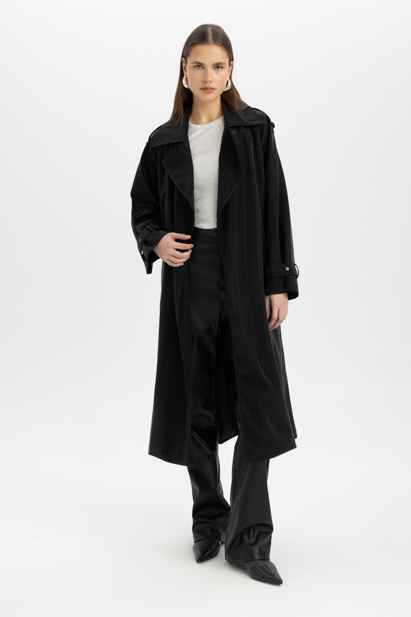 WOMAN Black Regular Fit Faux Leather Trench Coat