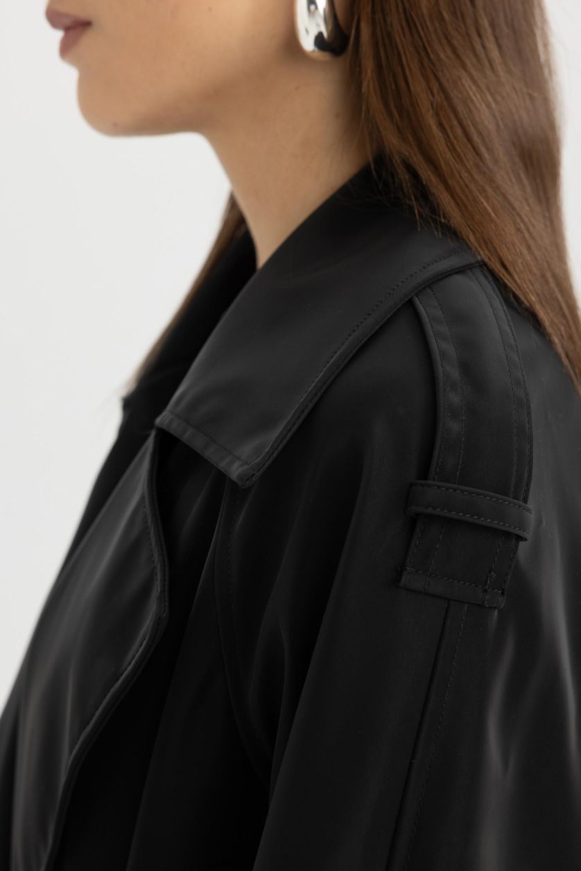 WOMAN Black Regular Fit Faux Leather Trench Coat