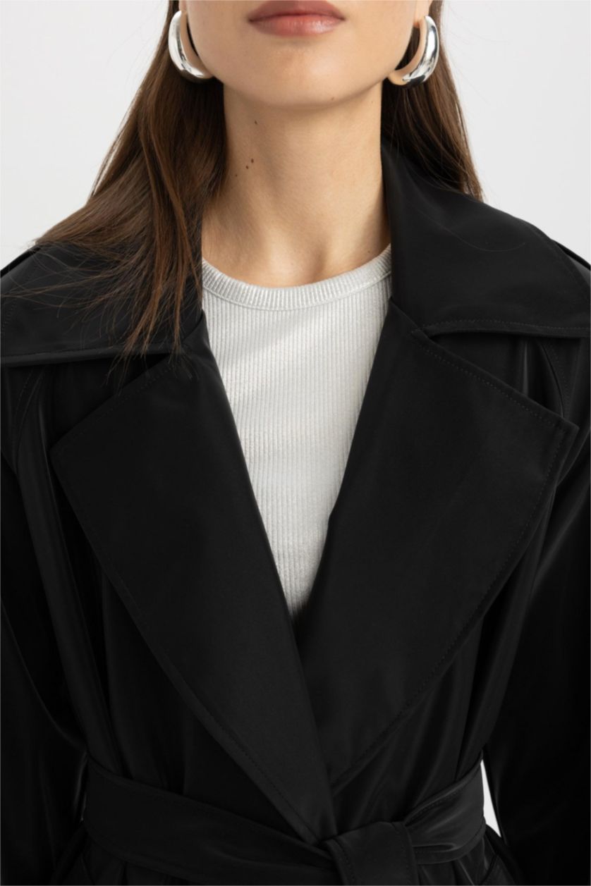 WOMAN Black Regular Fit Faux Leather Trench Coat