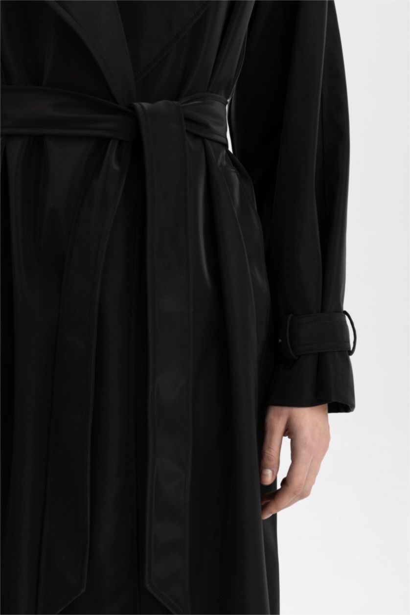 WOMAN Black Regular Fit Faux Leather Trench Coat