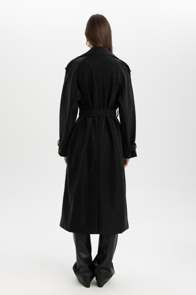 WOMAN Black Regular Fit Faux Leather Trench Coat