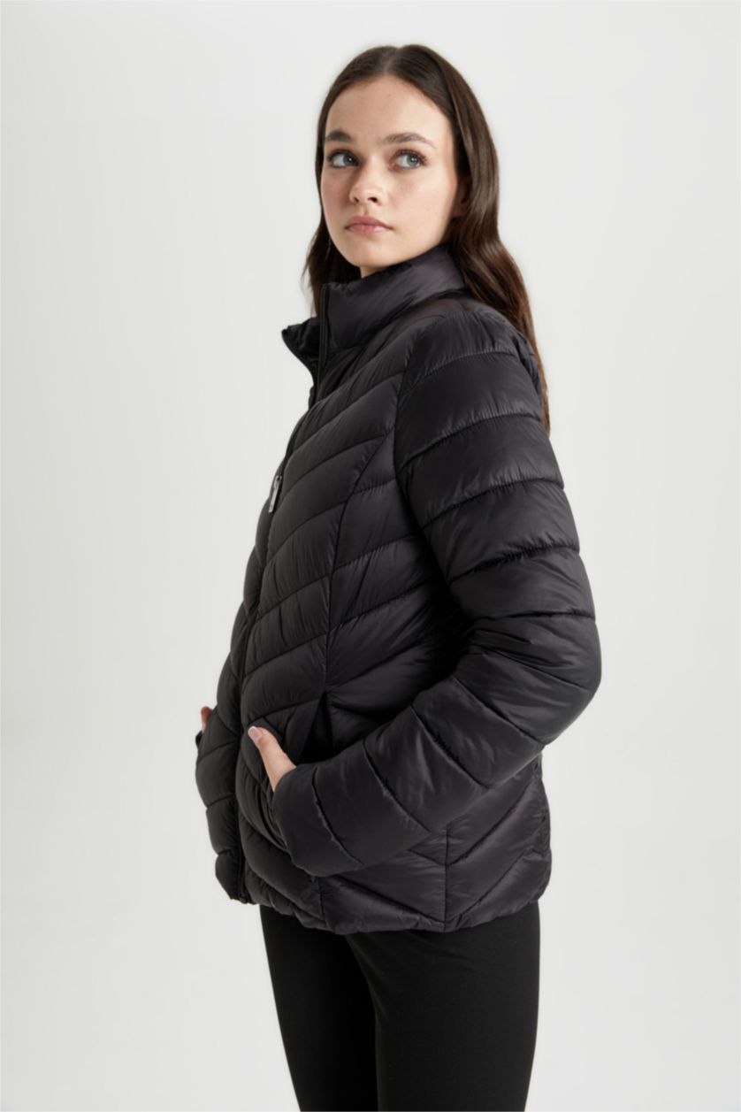 Женщины Черный Дутая куртка водоотталкивающая с воротником