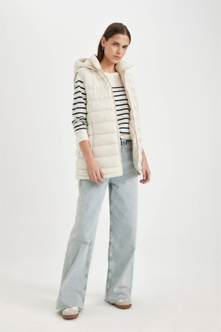 Женщины Бежевый Дутый жилет водоотталкивающий с капюшоном с карманами