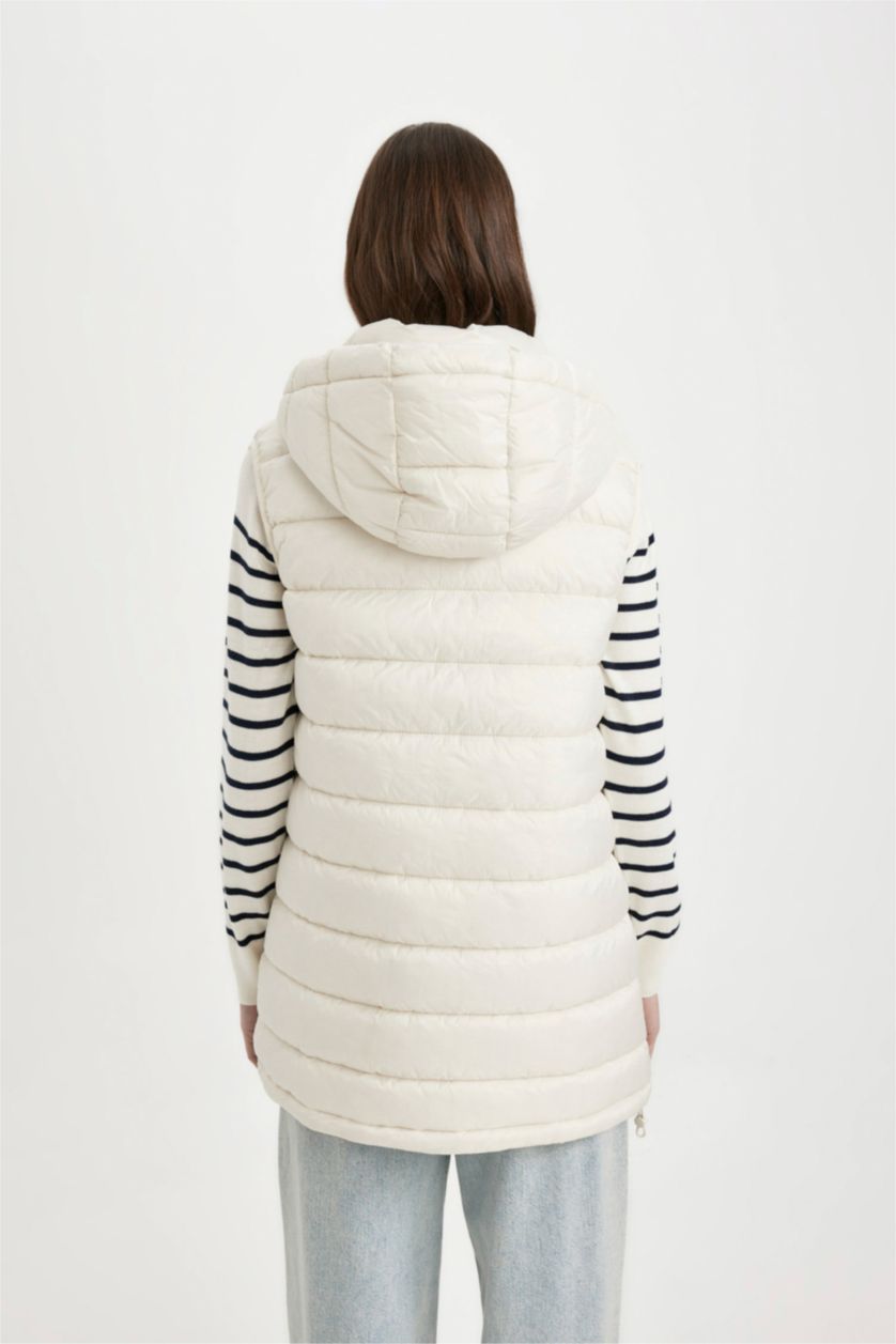 Женщины Бежевый Дутый жилет водоотталкивающий с капюшоном с карманами