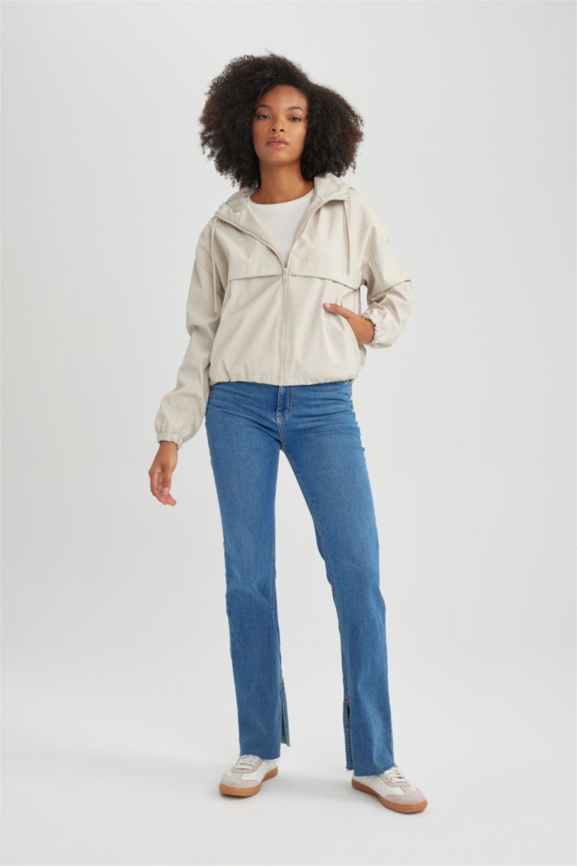 Kadın Kum Su İtici Regular Kalıp Kapüşonlu Fermuarlı Kısa Yağmurluk