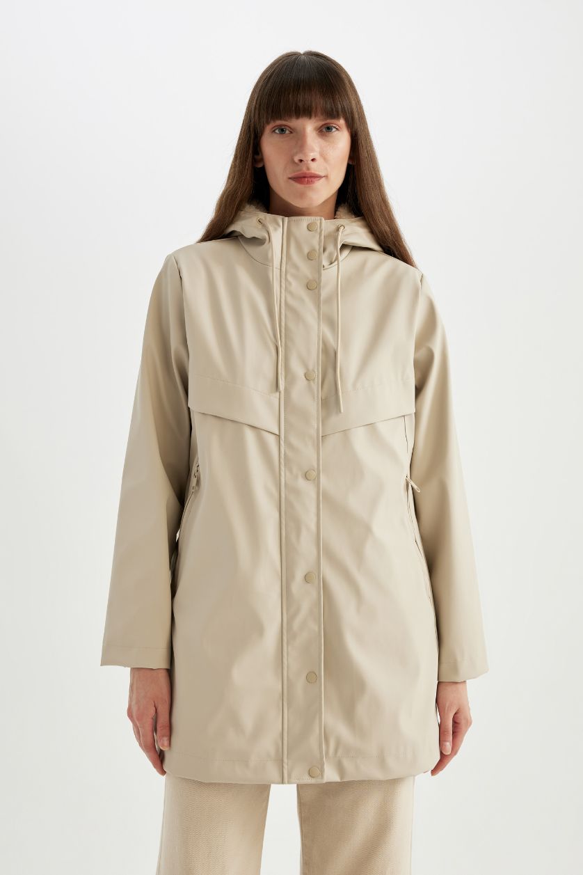 Kadın Kum Su Geçirmez Uzun Yağmurluk Polar Astarlı Kapüşonlu