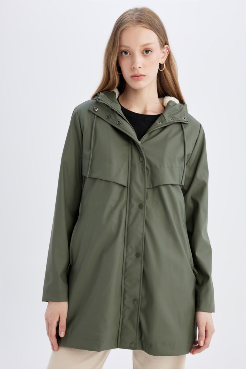 Kadın Haki Su Geçirmez Suni Deri Uzun Yağmurluk Polar Astarlı Kapüşonlu 