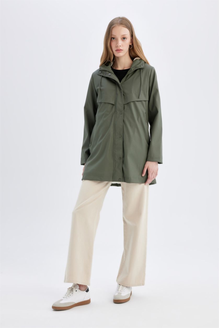 Kadın Haki Su Geçirmez Suni Deri Uzun Yağmurluk Polar Astarlı Kapüşonlu 