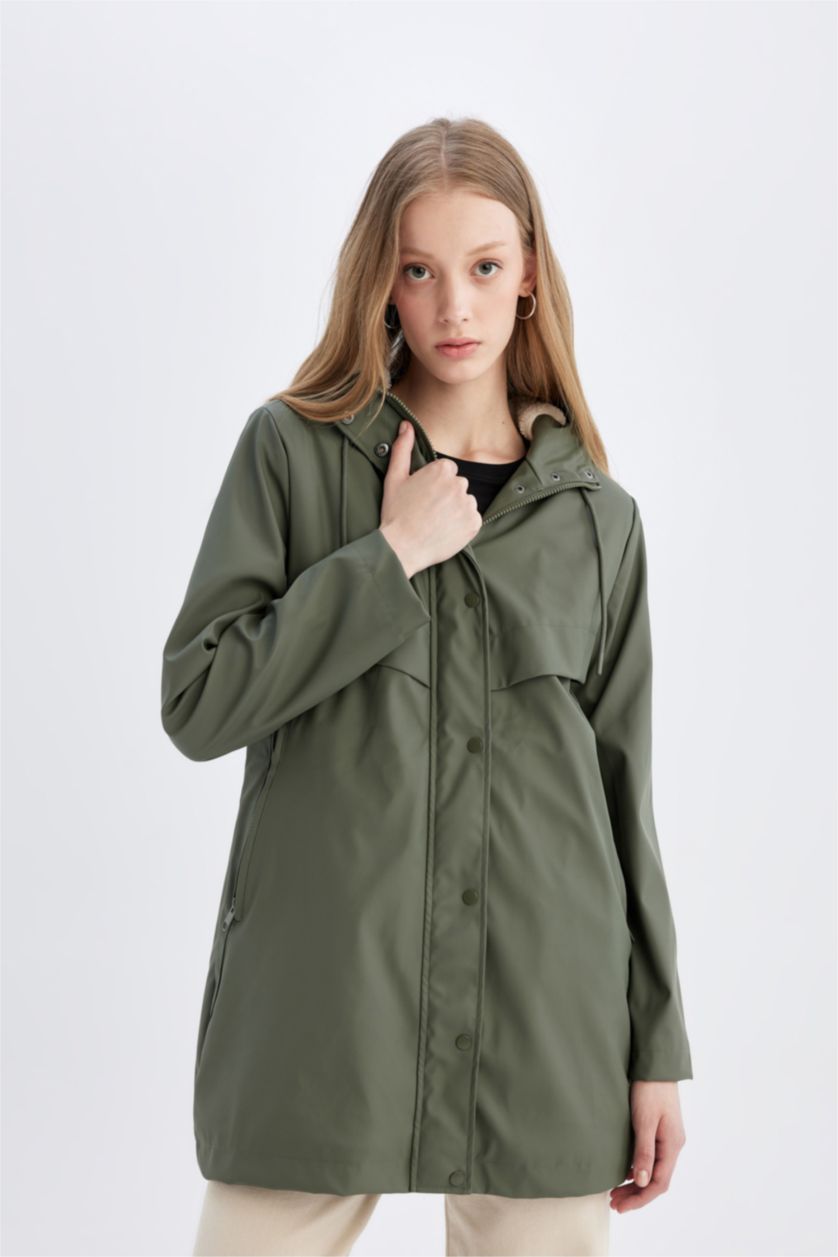 Kadın Haki Su Geçirmez Suni Deri Uzun Yağmurluk Polar Astarlı Kapüşonlu 