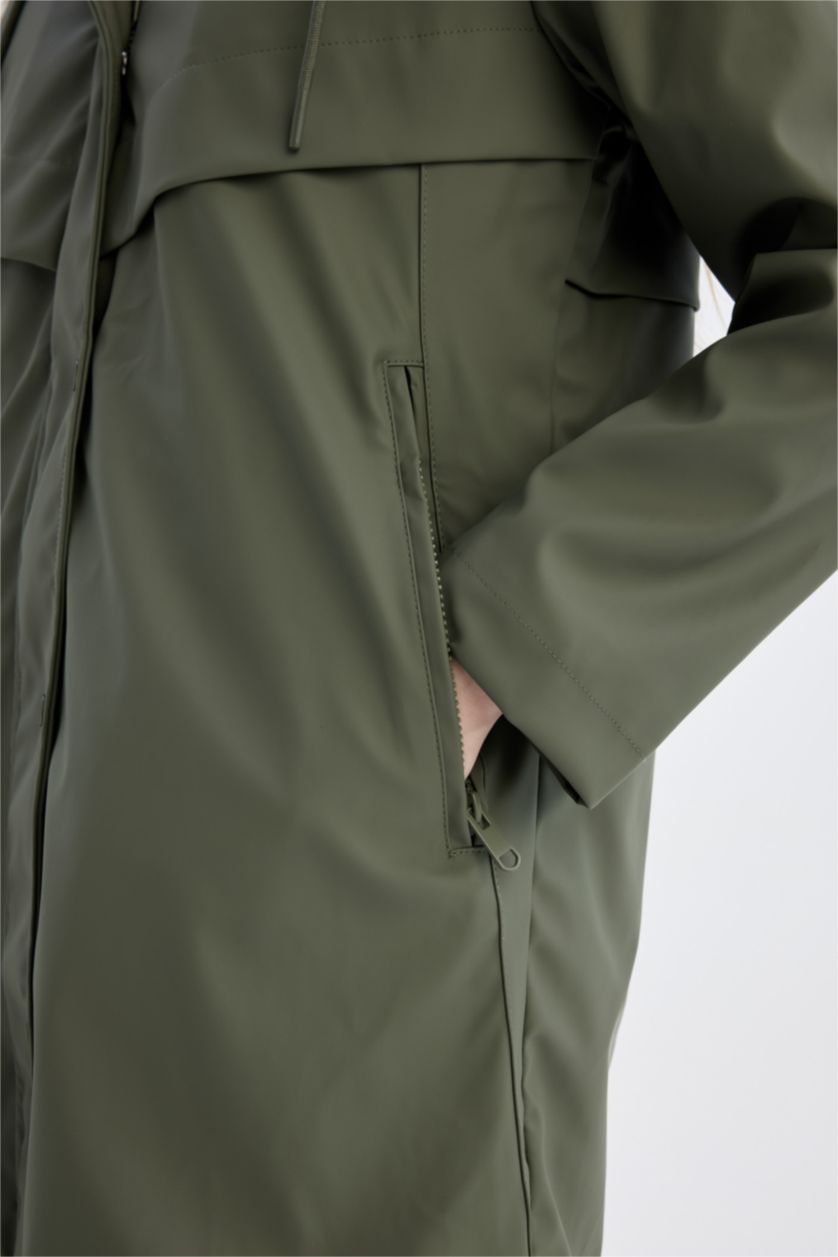 Kadın Haki Su Geçirmez Suni Deri Uzun Yağmurluk Polar Astarlı Kapüşonlu 