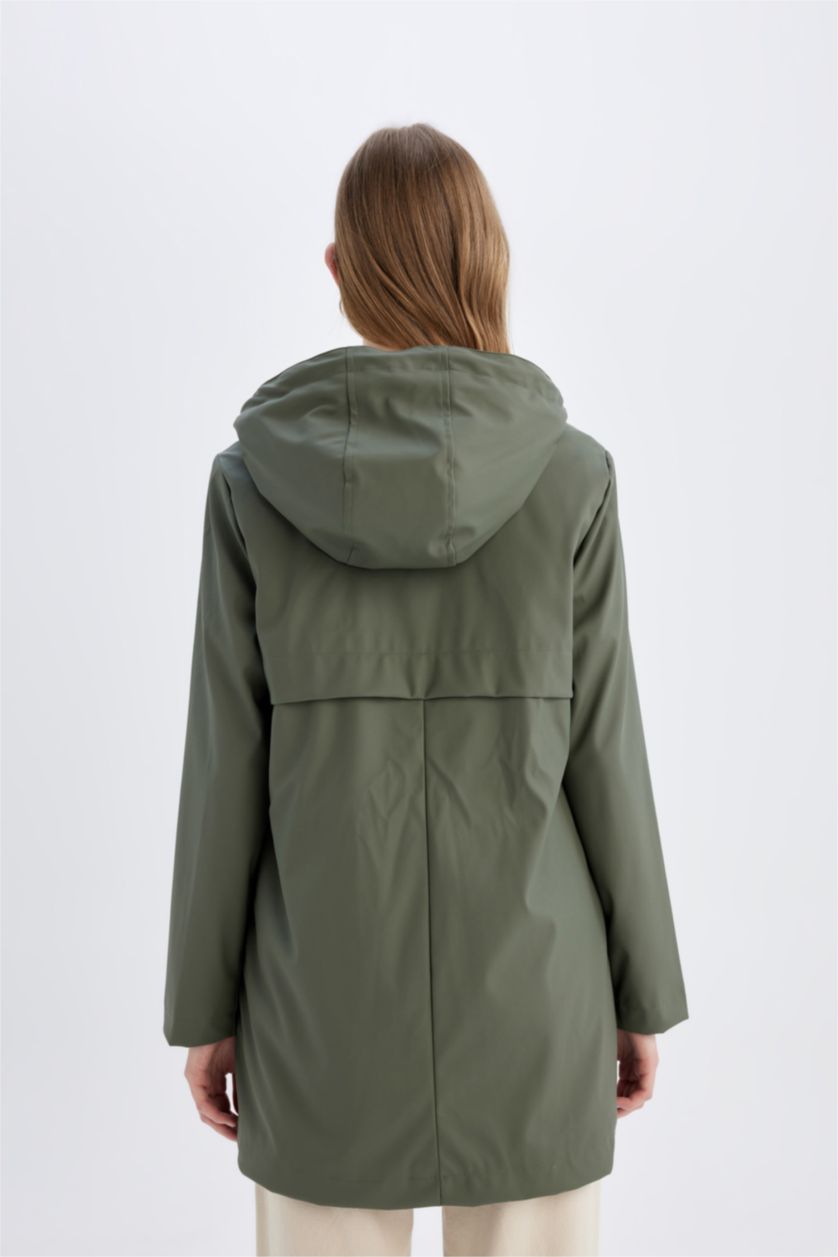 Kadın Haki Su Geçirmez Suni Deri Uzun Yağmurluk Polar Astarlı Kapüşonlu 