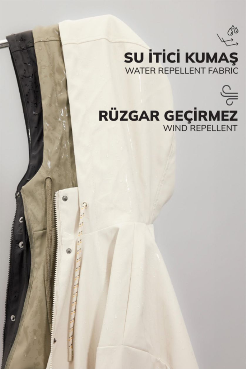 Kadın Haki Su Geçirmez Suni Deri Uzun Yağmurluk Polar Astarlı Kapüşonlu 