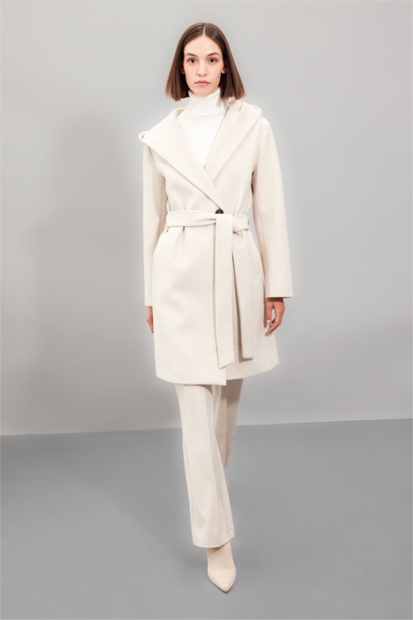 Kadın Açık Taş Uzun Kaşe Kaban Kapüşonlu Düğmeli Kemerli