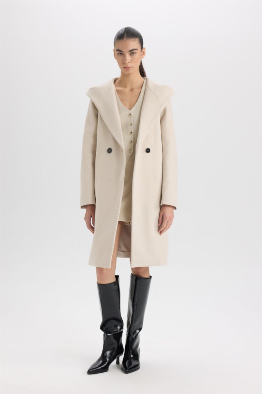 Kadın Açık Taş Uzun Kaşe Kaban Kapüşonlu Düğmeli Kemerli