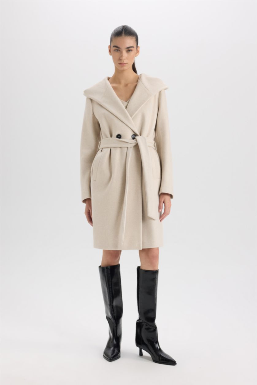 Kadın Açık Taş Uzun Kaşe Kaban Kapüşonlu Düğmeli Kemerli