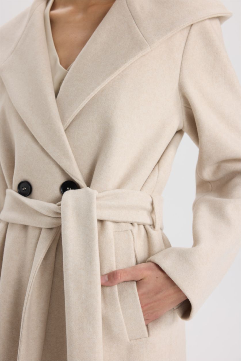 Kadın Açık Taş Uzun Kaşe Kaban Kapüşonlu Düğmeli Kemerli