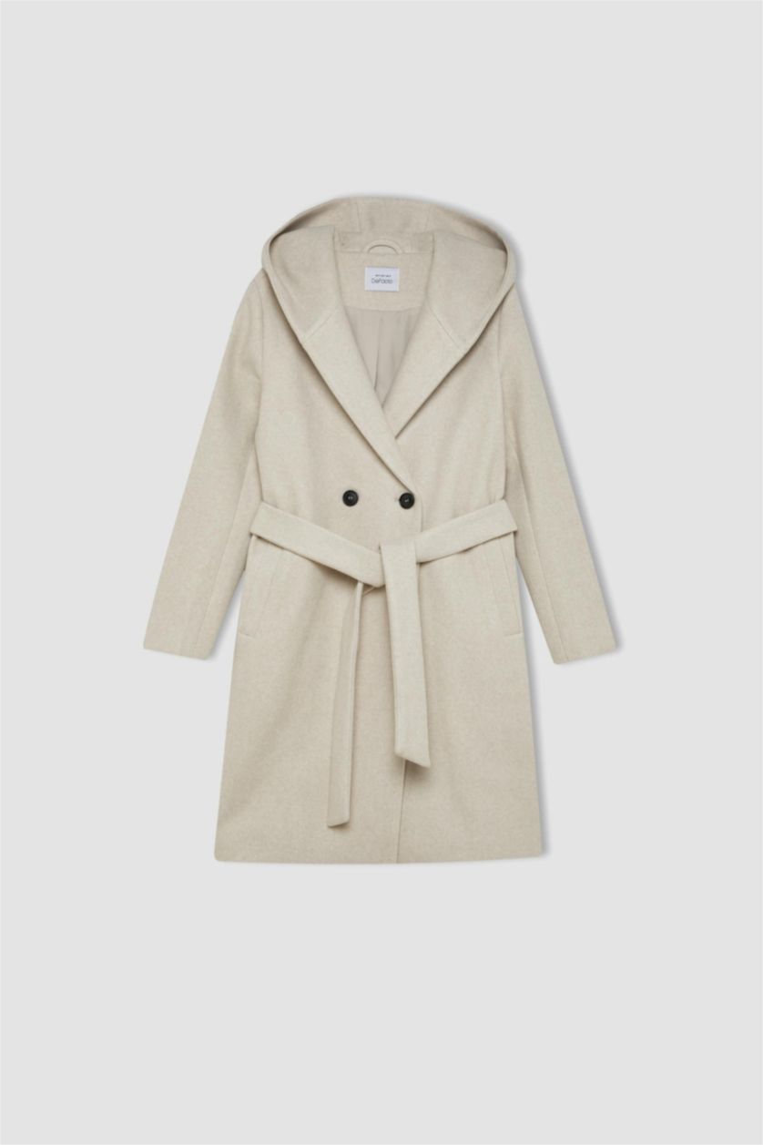 Kadın Açık Taş Uzun Kaşe Kaban Kapüşonlu Düğmeli Kemerli