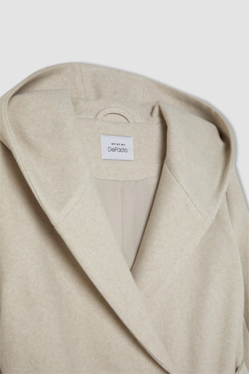 Kadın Açık Taş Uzun Kaşe Kaban Kapüşonlu Düğmeli Kemerli