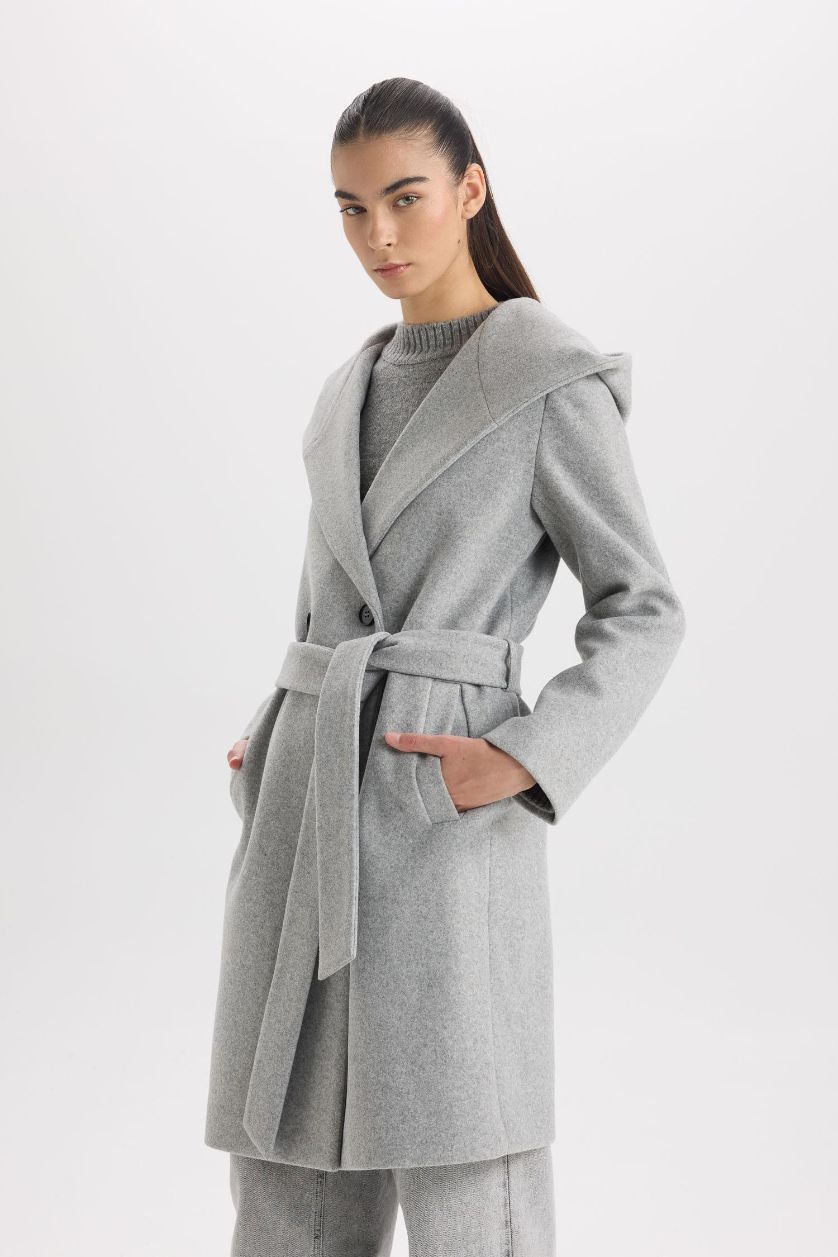 نساء رمادي كوت جوخ قصة عادية بغطاء للرأس مقاوم للماء بحزام