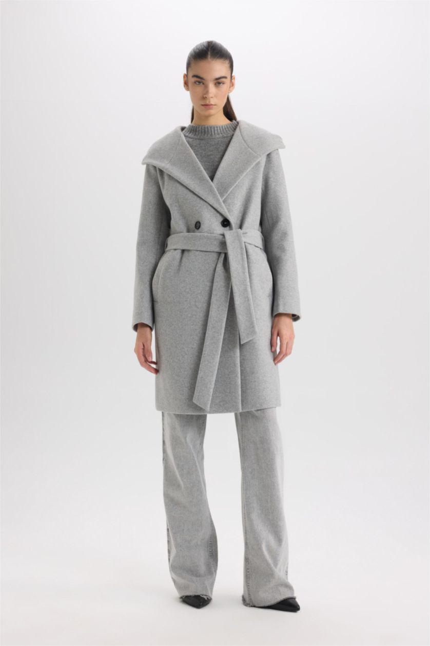 نساء رمادي كوت جوخ قصة عادية بغطاء للرأس مقاوم للماء بحزام