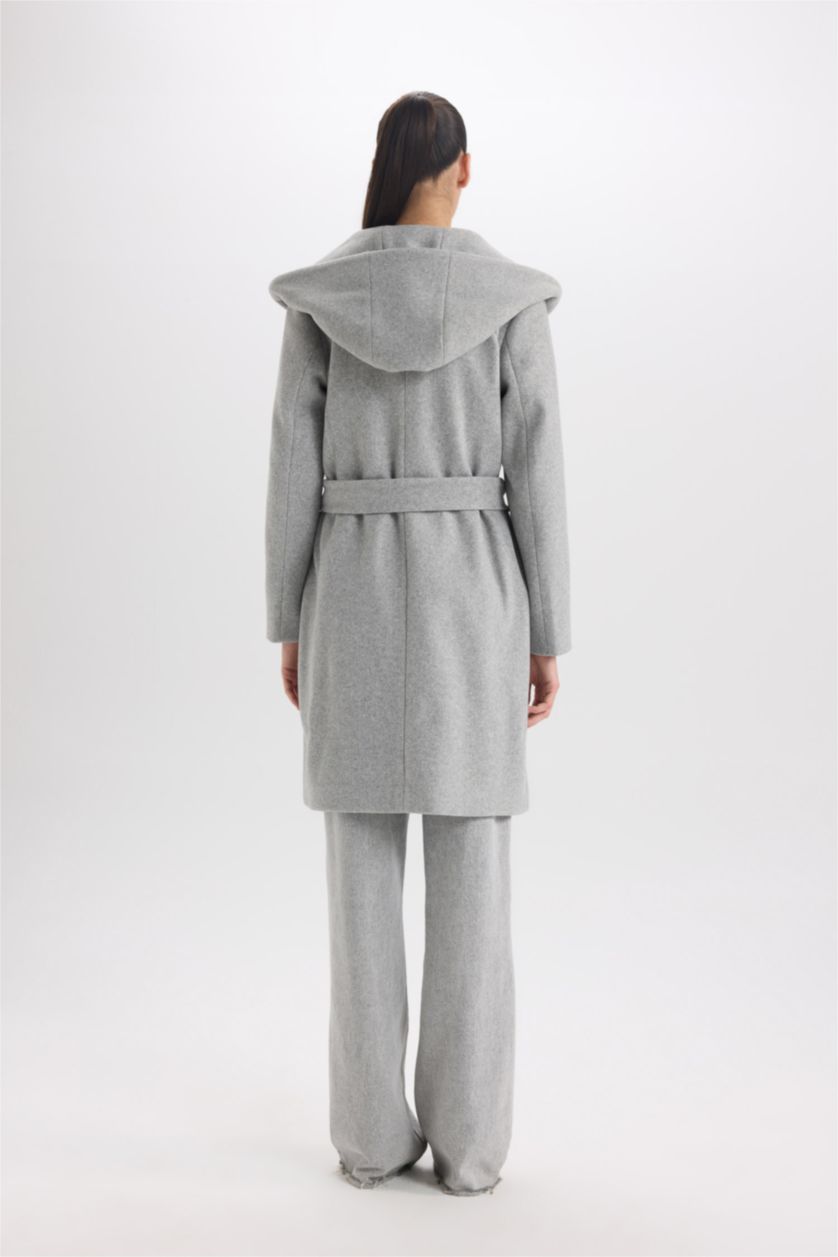 نساء رمادي كوت جوخ قصة عادية بغطاء للرأس مقاوم للماء بحزام