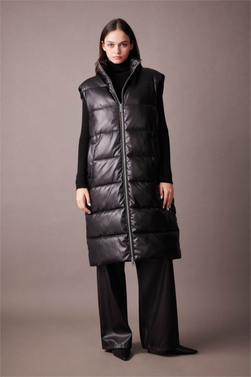 Kadın Siyah Su İtici Oversize Geniş Kalıp Dik Yaka Suni Deri Uzun Şişme Yelek