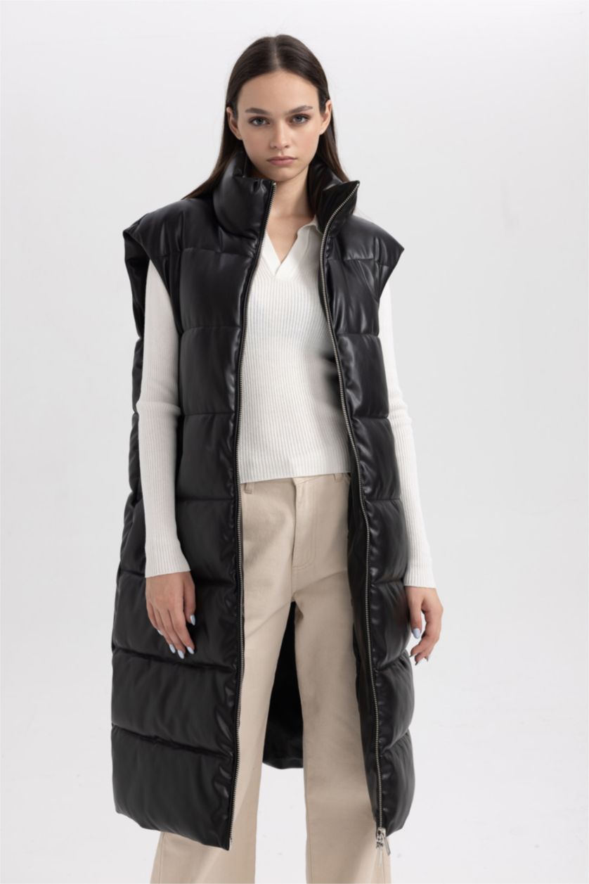 Kadın Siyah Su İtici Oversize Geniş Kalıp Dik Yaka Suni Deri Uzun Şişme Yelek