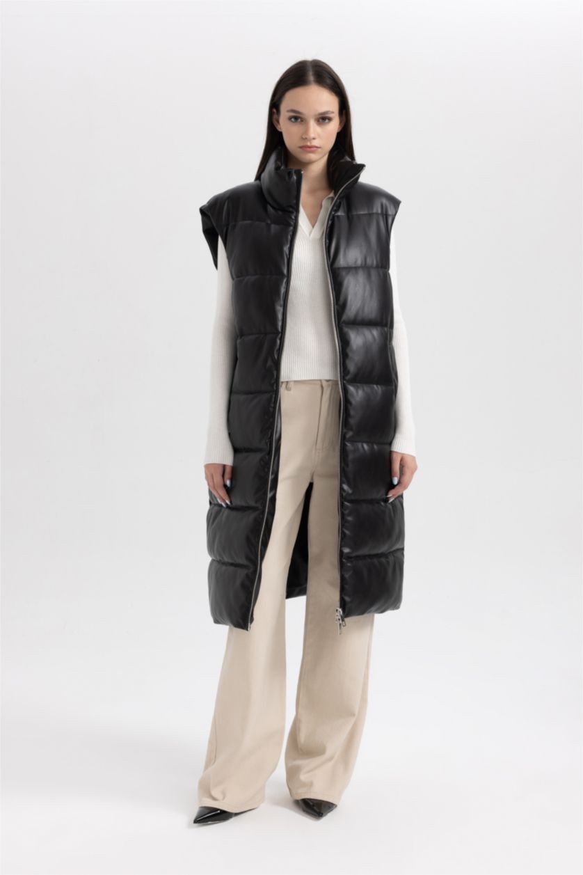 Kadın Siyah Su İtici Oversize Geniş Kalıp Dik Yaka Suni Deri Uzun Şişme Yelek