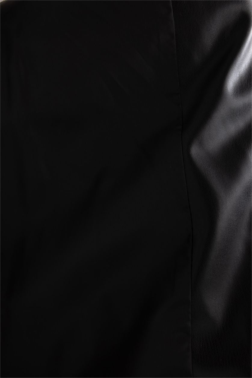 Kadın Siyah Su İtici Oversize Geniş Kalıp Dik Yaka Suni Deri Uzun Şişme Yelek