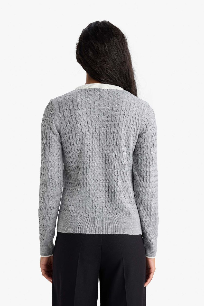 Женщины Серый меланж Обтягивающий кардиган с круглым вырезом и пуговицами