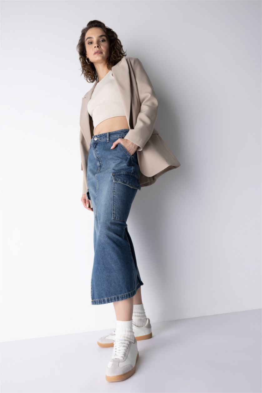 Женщины Голубрй Джинсовая юбка миди с разрезом