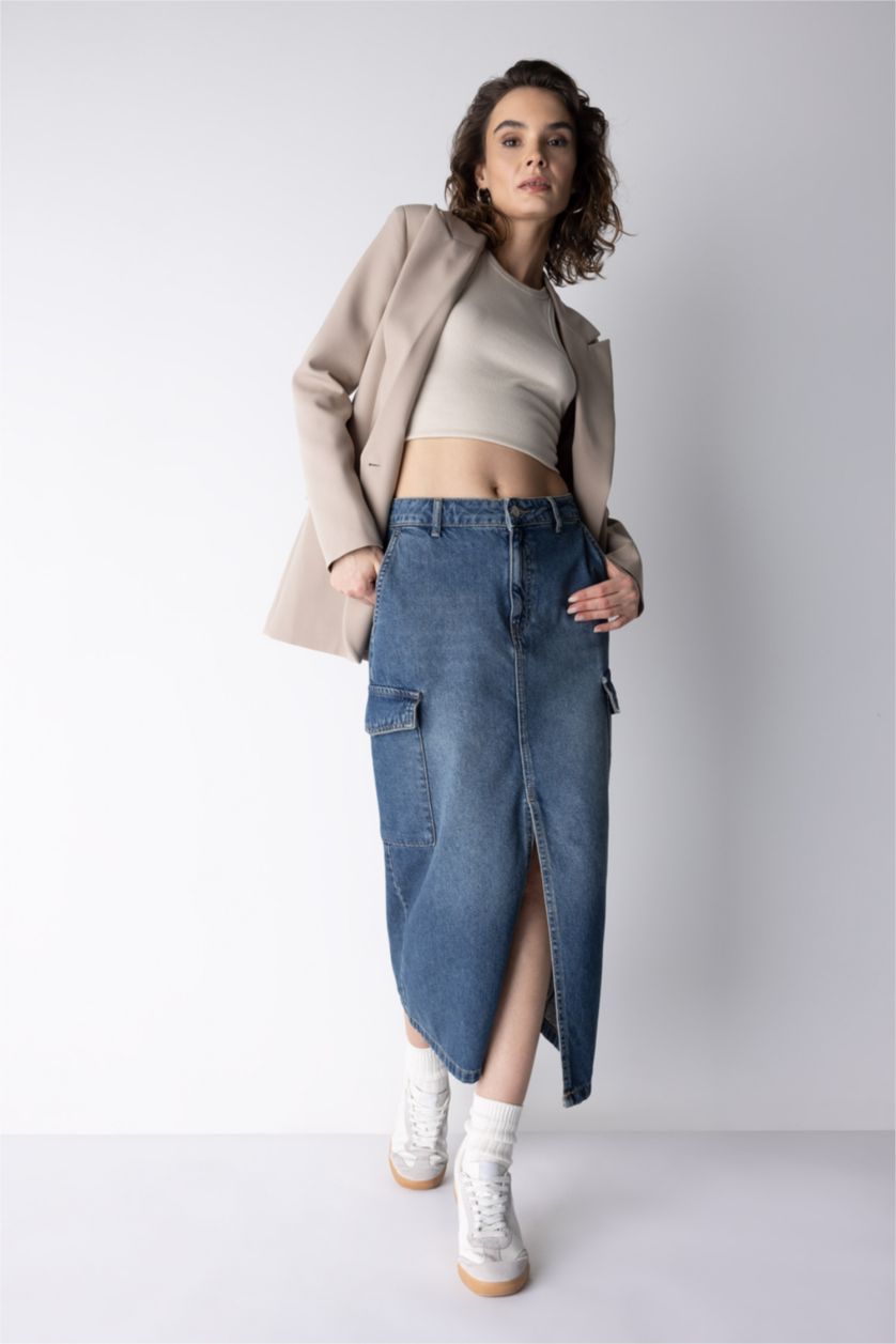 Женщины Голубрй Джинсовая юбка миди с разрезом