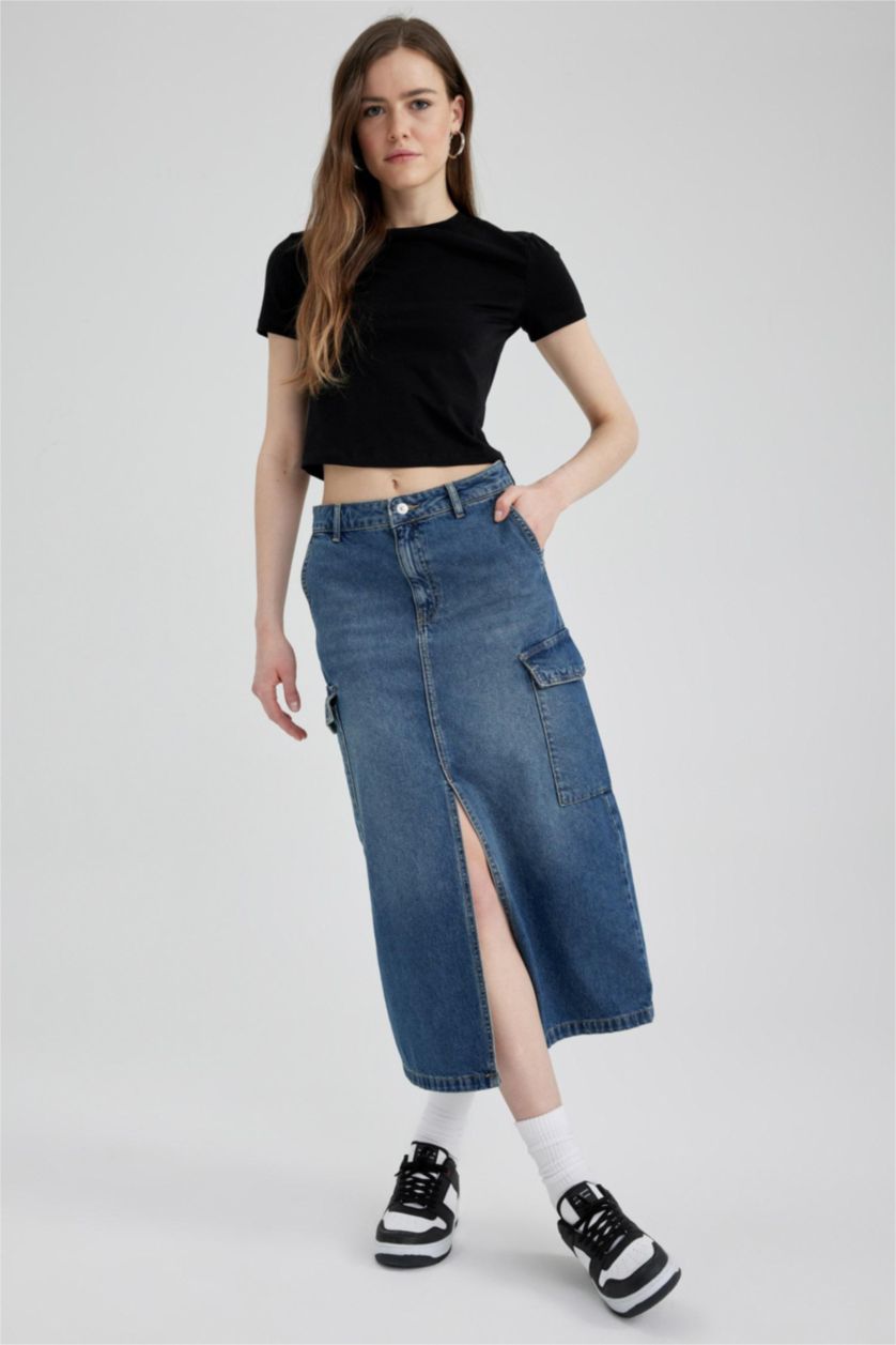 Женщины Голубрй Джинсовая юбка миди с разрезом