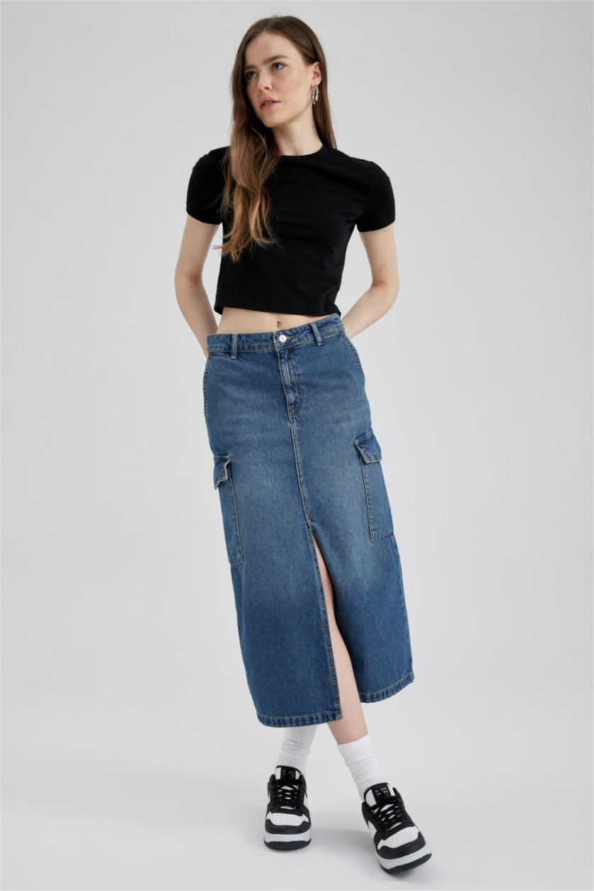 Женщины Голубрй Джинсовая юбка миди с разрезом