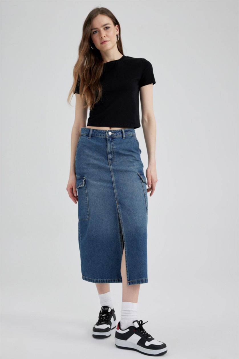 Женщины Голубрй Джинсовая юбка миди с разрезом