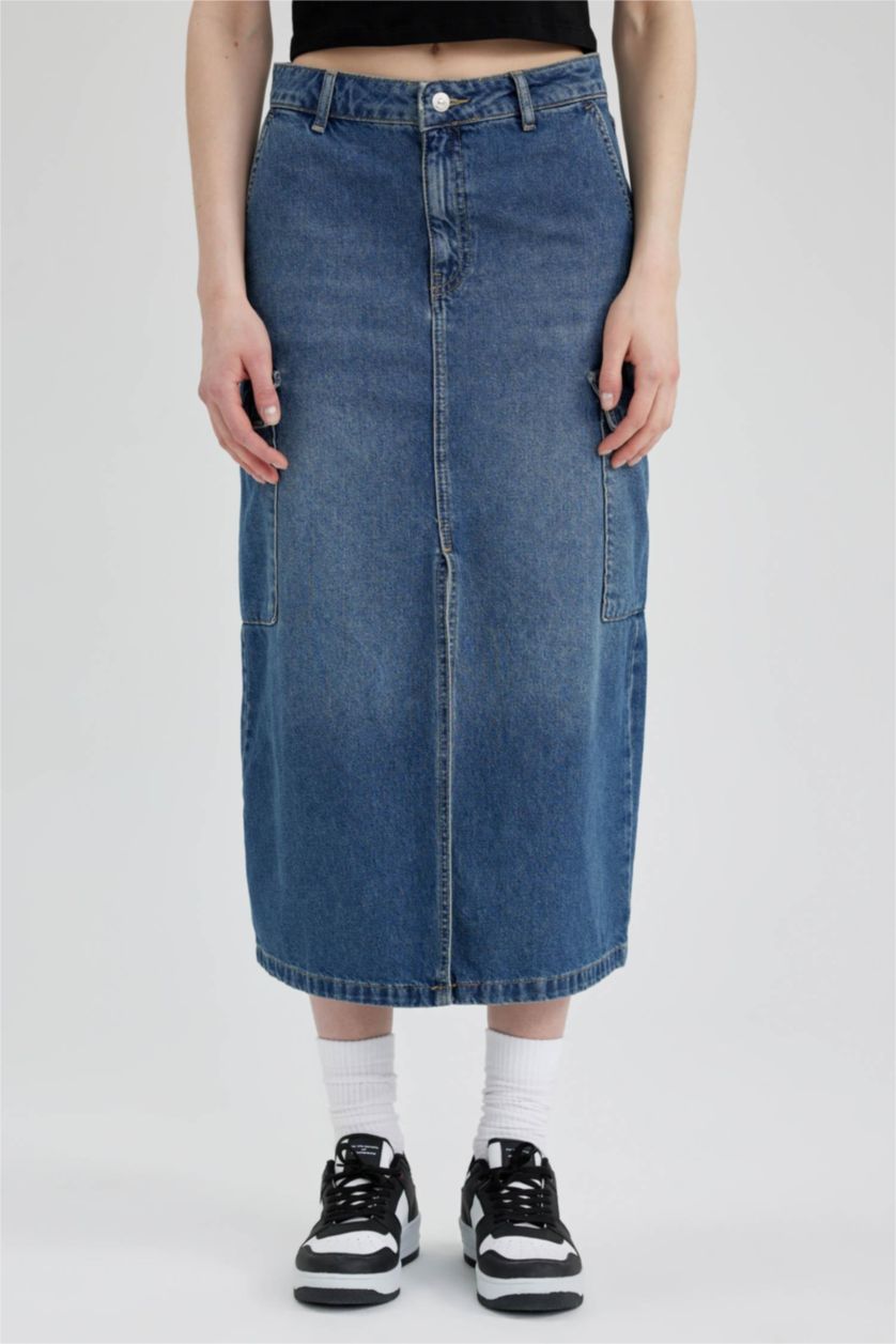 Женщины Голубрй Джинсовая юбка миди с разрезом