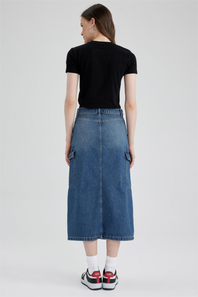 Женщины Голубрй Джинсовая юбка миди с разрезом