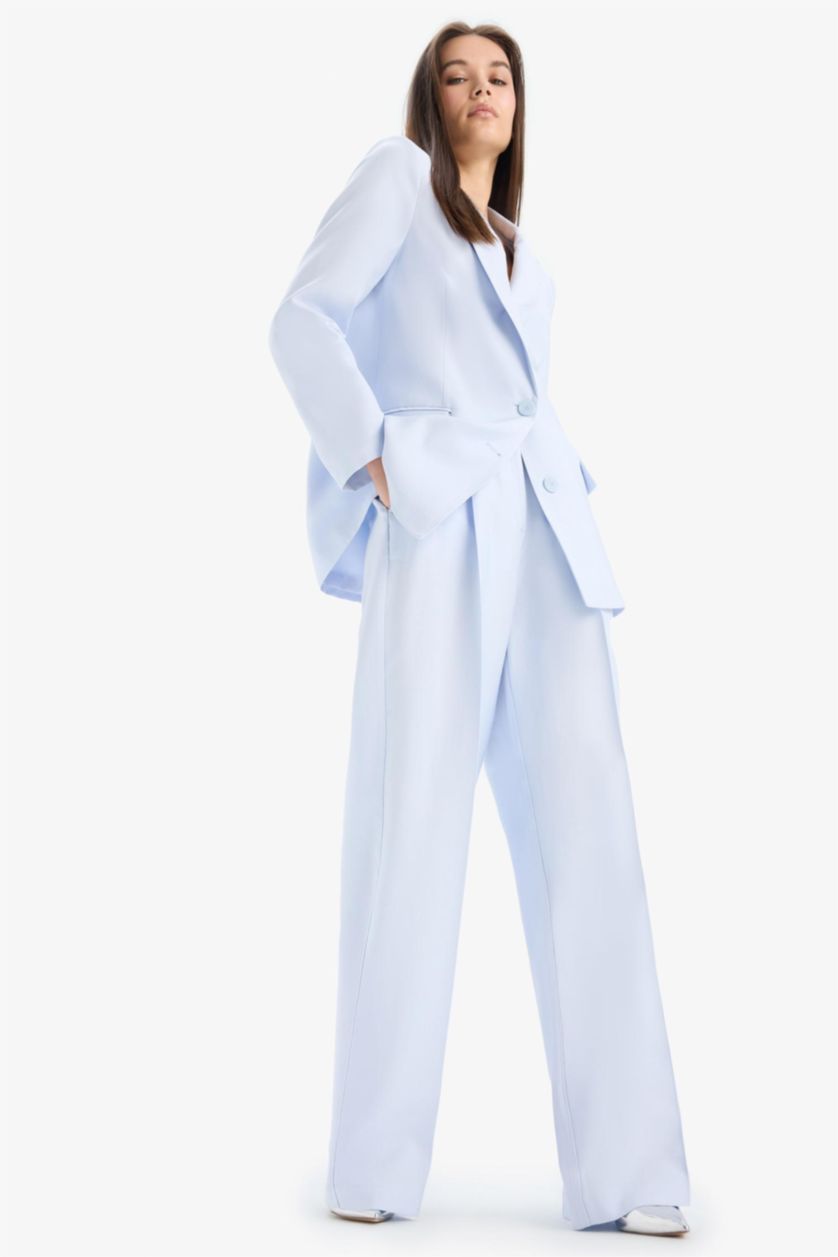 Kadın Açık Mavi Afra x DeFacto Wide Leg Tensel Kumaş Palazzo Pantolon Cepli Yüksek Bel Geniş Paça