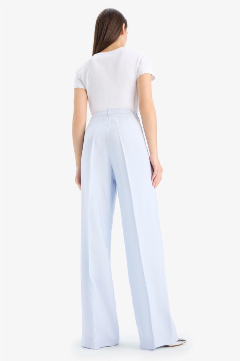 Kadın Açık Mavi Afra x DeFacto Wide Leg Tensel Kumaş Palazzo Pantolon Cepli Yüksek Bel Geniş Paça