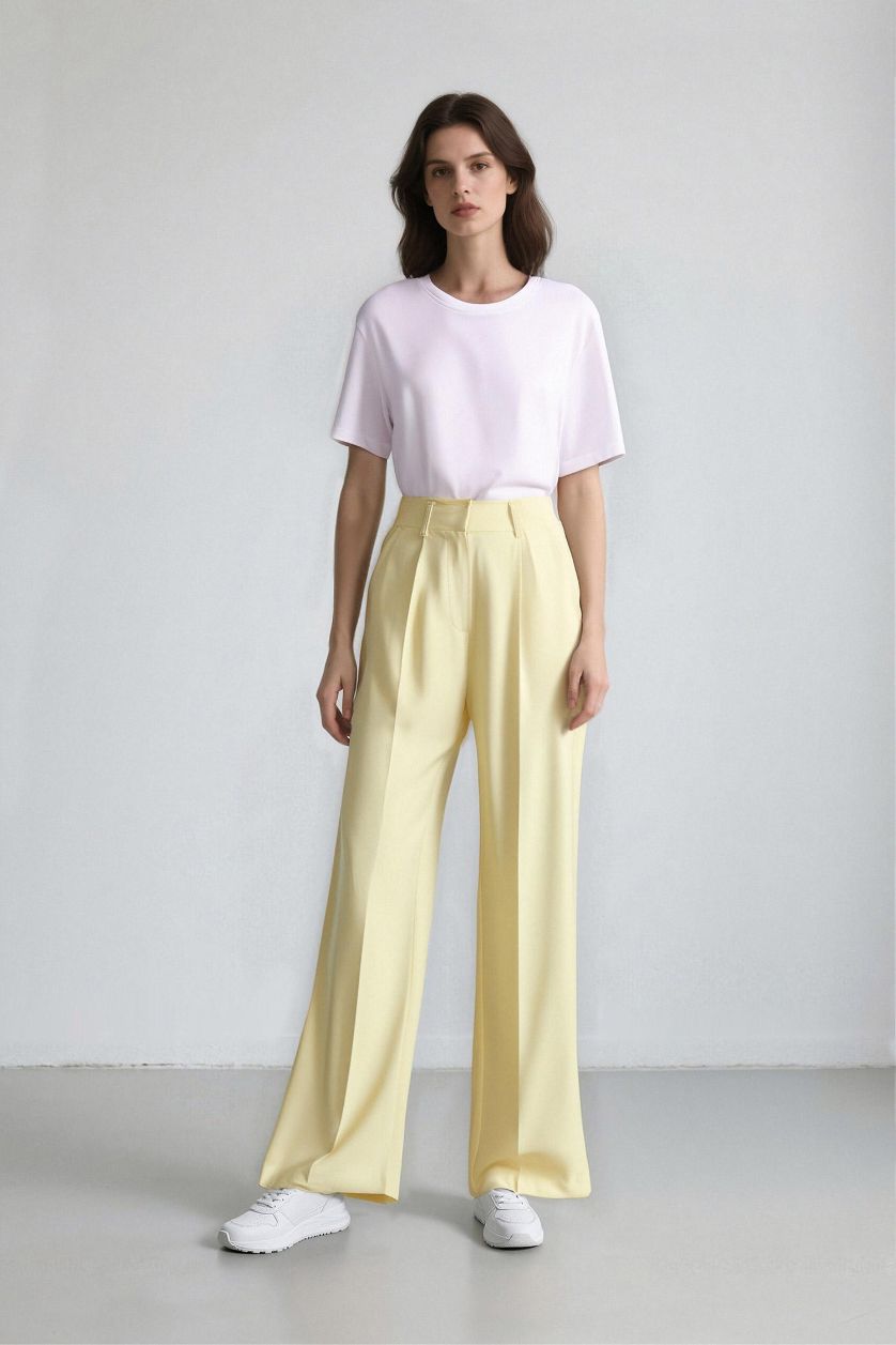 FEMME Jaune Clair Pantalon large taille haute en Tencel avec poches Afra x Defacto